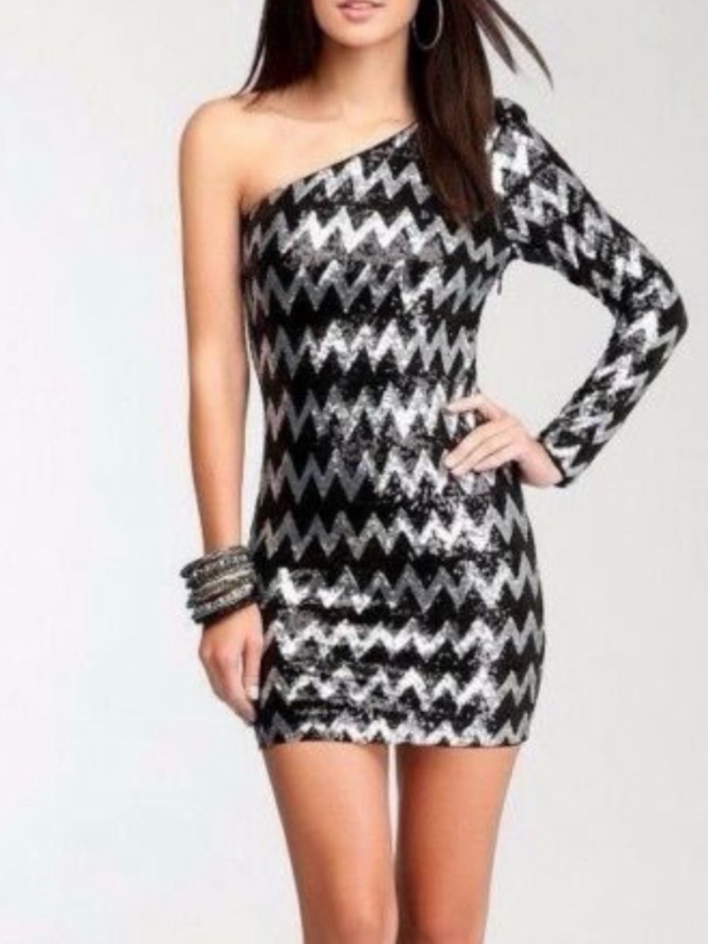 bebe One-Shoulder Black & Silver Sequin Chevron Mini Dress